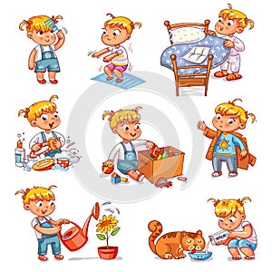 Cartoon kid daily routine activities set