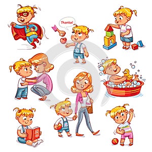 Cartoon kid daily routine activities set photo