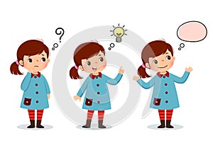 Cartoon kid thinking. Thoughtful girl, confused girl, and girl with illustrated bulb above her head