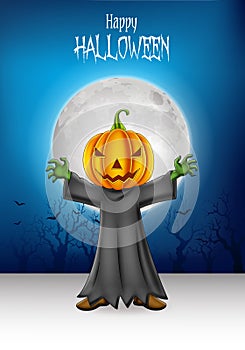 Cartoon kid wearing Halloween pumpkin costume with Halloween background