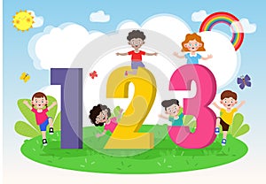 Cartoon kids with 123 numbers, children with Numbers isolated poser background Vector Illustration