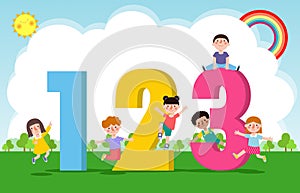 Cartoon kids with 123 numbers, children with Numbers isolated poser background Vector Illustration