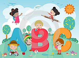 Cartoon kids with ABC letters, School kids with ABC, children with ABC letters,Vector Illustration.