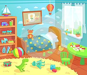 Cartoon kids bedroom interior. Home childrens room with kid bed, child toys and light from window vector illustration