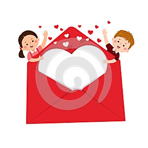 Cartoon kids with big red envelope with hearts. Valentines Day concept