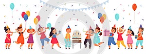 Cartoon kids on birthday party. Boy celebrating, cake on table and little children. Event with sweets, fun girl have