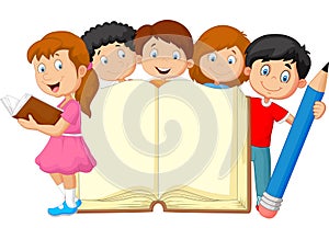 Cartoon kids with book and pencil