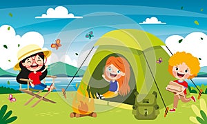 Cartoon Kids Camping At Nature