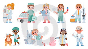 Cartoon kids doctors and nurses play and treat toys. Boys and girls medical characters with stethoscope, thermometer and