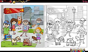 Cartoon kids and dogs group coloring book page
