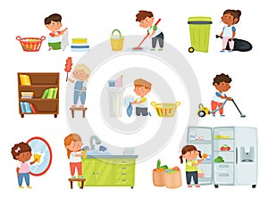 Cartoon kids doing housework, children helping with chores. Boys and girls vacuuming, dusting, washing dishes, mopping