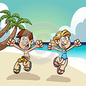 Cartoon kids enjoying summer vacations on the beach