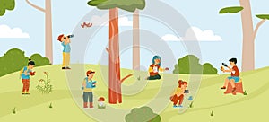 Cartoon kids exploring nature in spring garden in flat vector illustration