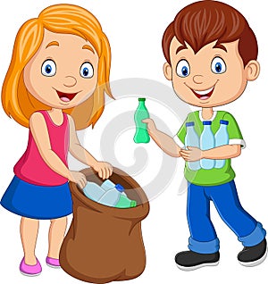 Cartoon kids gathering plastic bottles into garbage bag