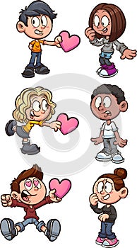 Cartoon kids giving and receiving Valentineâ€™s hearth shaped cards