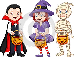 Cartoon kids with halloween costume holding pumpkin basket