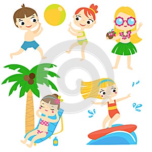 Cartoon kids having beach fun. Children enjoy summer holidays outdoor activity