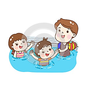 Cartoon kids having fun pool.