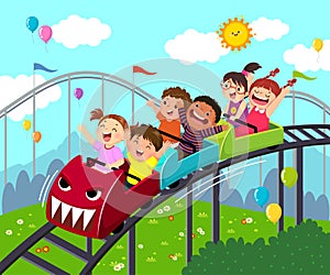 Cartoon of kids having fun on roller coaster in an amusement park photo
