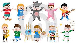 Cartoon kids hobbies. Children creative musical, acting, drawing, dancing hobby, school or preschool kids activities