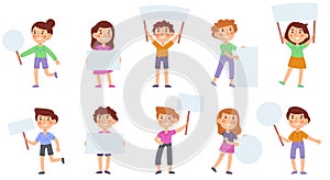 Cartoon kids hold banners, cute children with blank placards. Little boys and girls holding blank paper banners vector