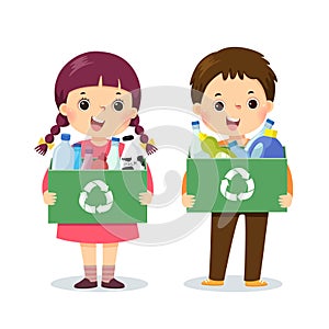 Cartoon of kids holding containers with plastic bottles. Environment concept