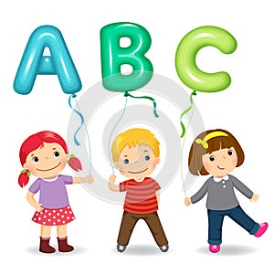 Cartoon kids holding letter ABC shaped balloons