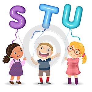 Cartoon kids holding letter STU shaped balloons