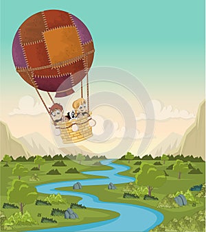 Cartoon kids inside a hot air balloon