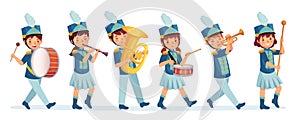 Cartoon kids marching band parade. Child musicians on march, childrens loud playing music instruments cartoon vector