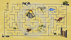 Cartoon kids maze in dinosaur world. Labyrinth of dino way. Help researcher find path to gate. Childrens home game