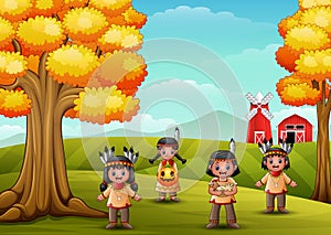 Cartoon kids native Indian American in farm background