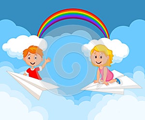 Cartoon kids on a paper plane