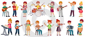 Cartoon kids play music. Talented kid playing on musical instrument, music school lessons. Young singer, children musician vector