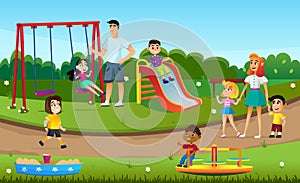 Cartoon Kids Play Swing Slide Sandbox Playground