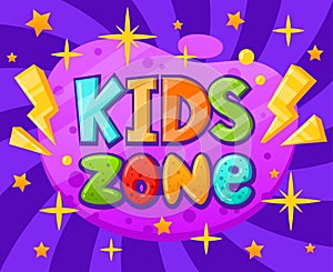 Cartoon kids play zone colorful banner. Children playroom fun zone cover, baby entertainment game zone flat vector background