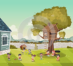 Cartoon kids playing on the backyard of a colorful house in suburb neighborhood. Sports and recreation.