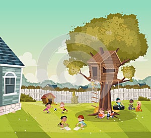 Cartoon kids playing on the backyard of a colorful house in suburb neighborhood. Sports and recreation.