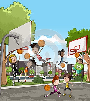Cartoon kids playing basketball on the court.