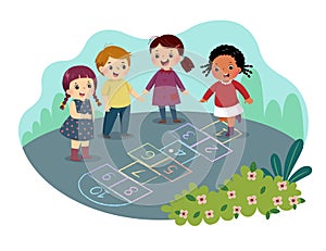 Cartoon of kids playing hopscotch drawn with colorful chalk on asphalt in the park