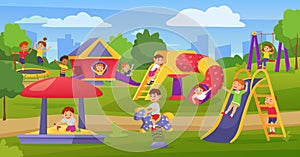 Cartoon kids playing on playground in summer park or kindergarten. Happy children on slide or swing, boy play in sandbox vector