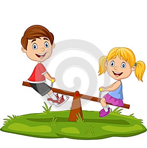 Cartoon kids playing on seesaw in the park