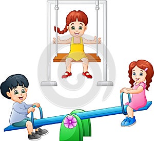 Cartoon kids playing seesaw and swing
