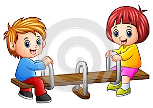 Cartoon kids playing seesaw on white background