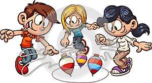 Cartoon kids playing spinning top