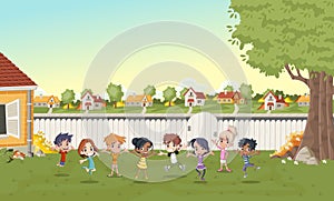 Cartoon kids playing in suburb neighborhood. photo