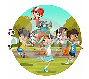 Cartoon kids playing various sports in the park.