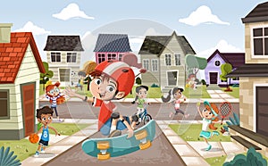 Cartoon kids playing various sports in suburb neighborhood.