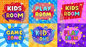 Cartoon kids playroom stickers. Children game zone, kids entertainment party club and game room posters flat vector illustration