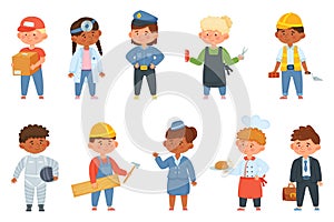 Cartoon kids in professional uniform, children of various professions. Firefighter, hairdresser, astronaut, child